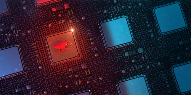 Red glowing computer bug on infected chip