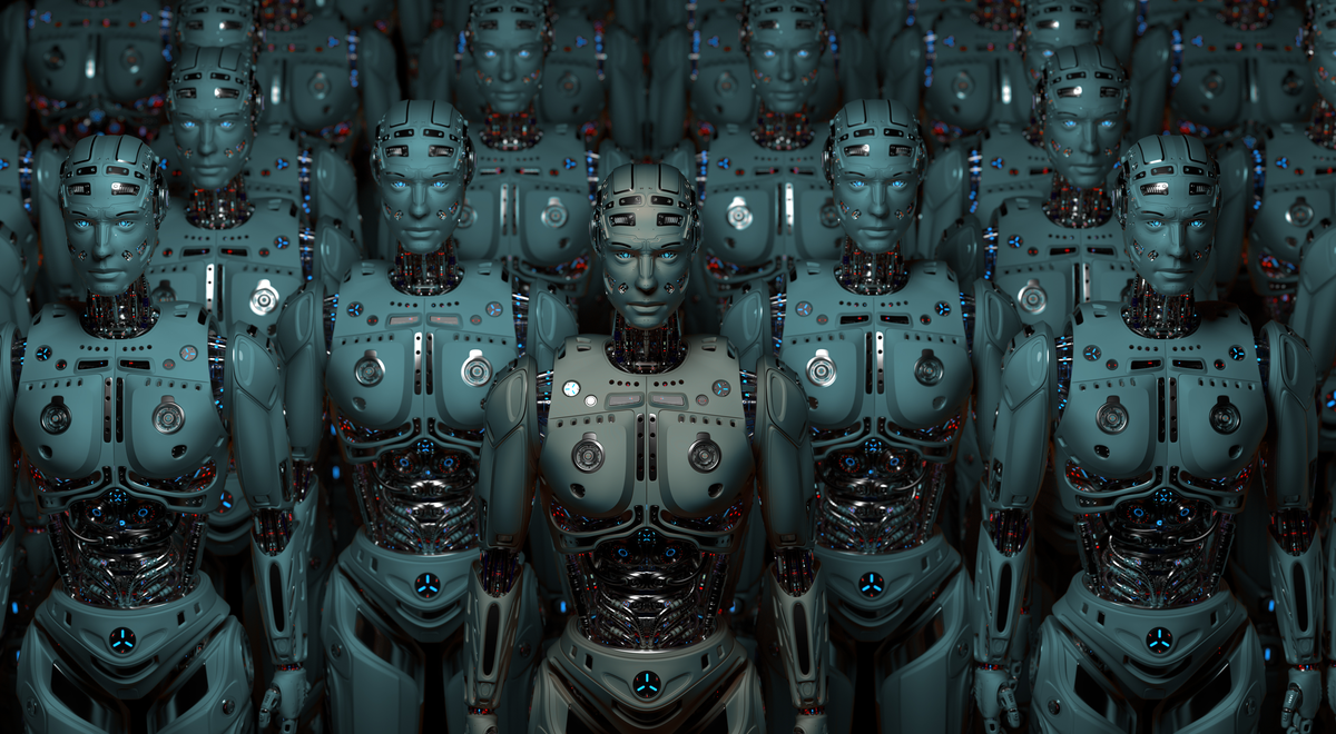 Lots of humanoid robots as metaphor for bot army