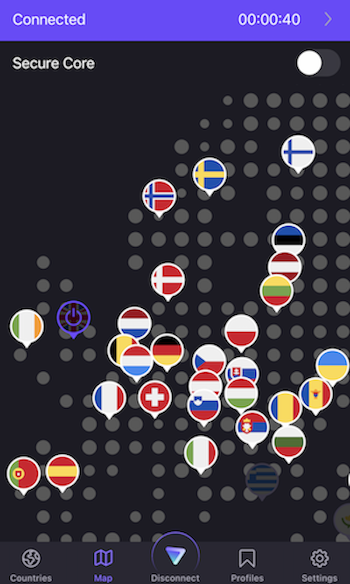 ProtonVPN app servers on a map ios v5