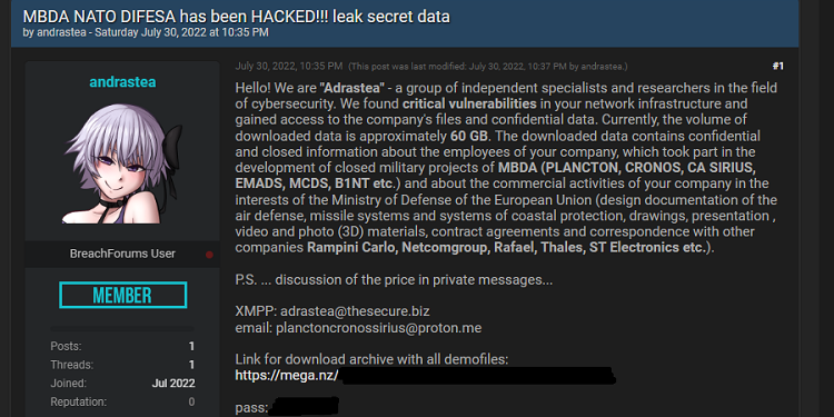 Attackers claim they hacked major missiles maker