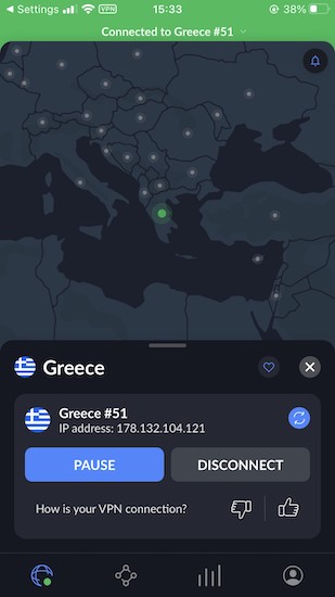 Connected to Greece with NordVPN iOS