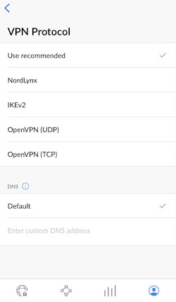 Choose a protocol on NordVPN iOS app