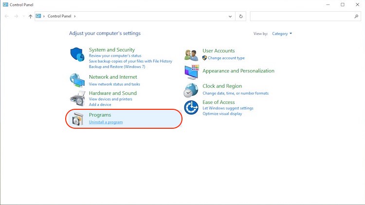 Uninstall program option on Windows