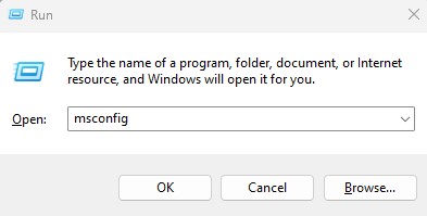In the Run box type msconfig
