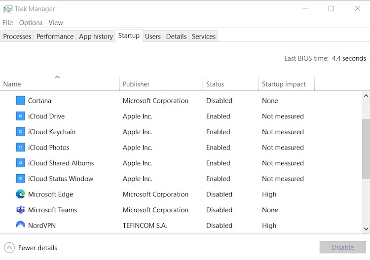 Task manager startup programs on Windows