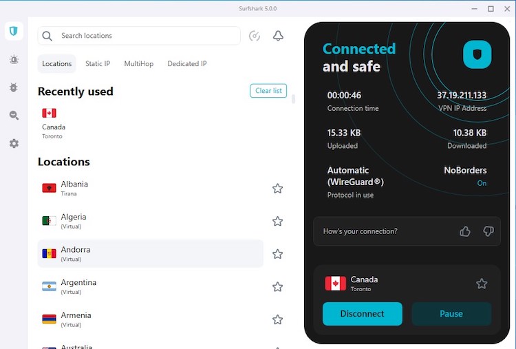 Surfshark app interface