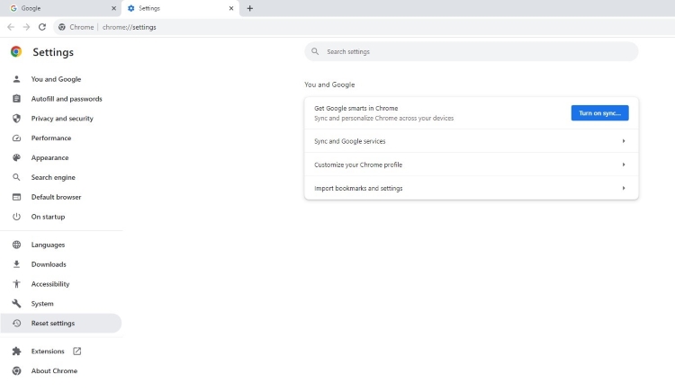 Find reset settings