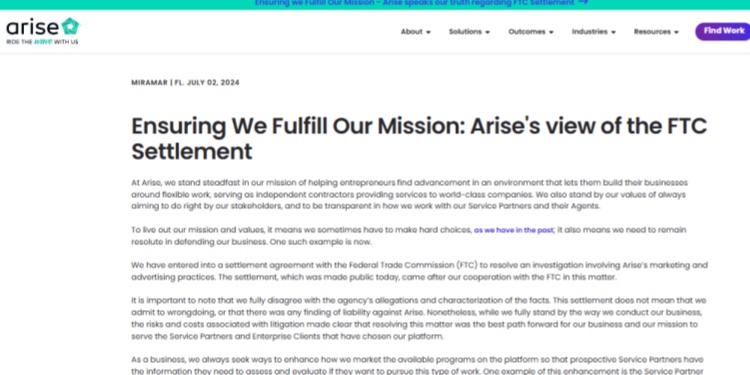 Arise statement on FTC settlement