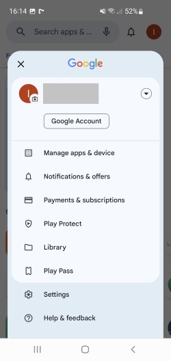 Play Store account menu