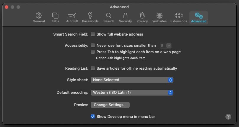Develop menu on Safari