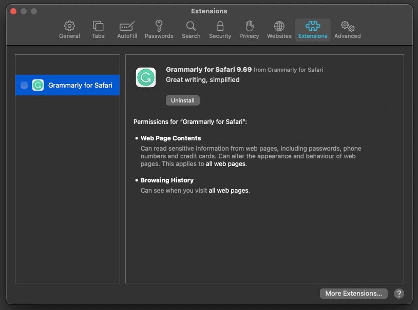 Uninstall suspicious extensions on Safari