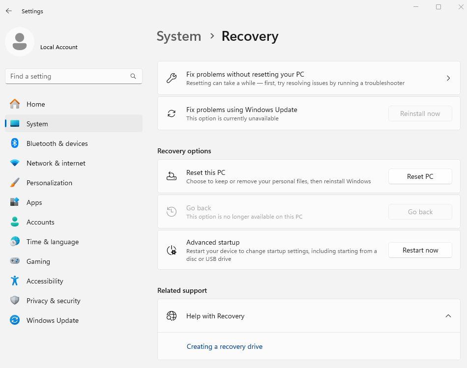 Windows reset PC menu