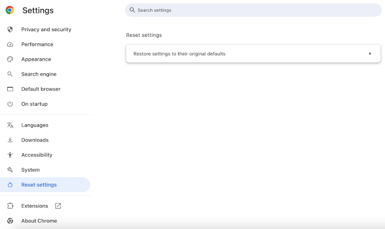 Google Chrome reset settings