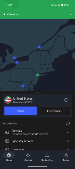 NordVPN mobile app connected to US server