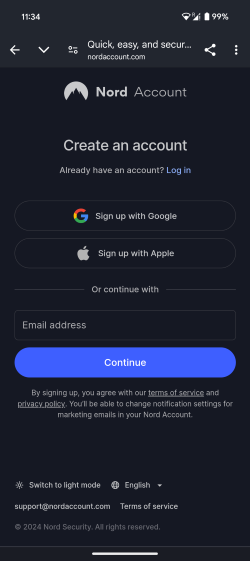 NordVPN mobile app sign in