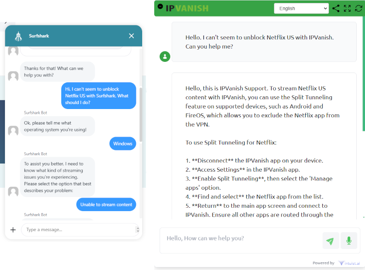 Surfshark and IPVanish customer support interactions