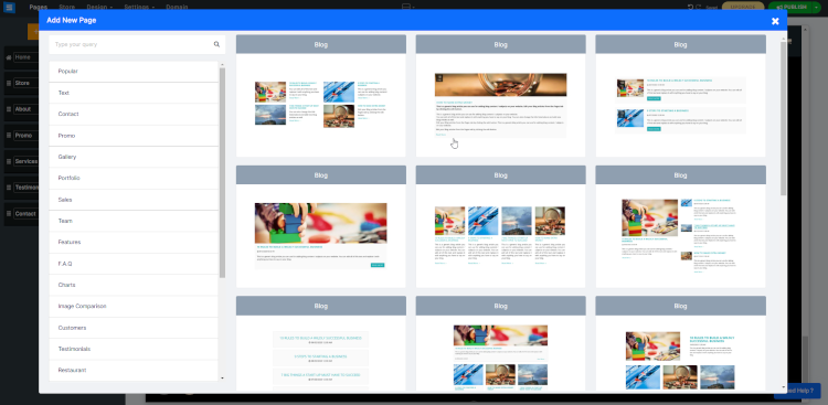 SITE123 page creation menu