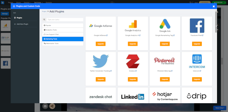 SITE123 plugin menu