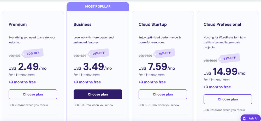 Hostinger wp hosting plans screenshot