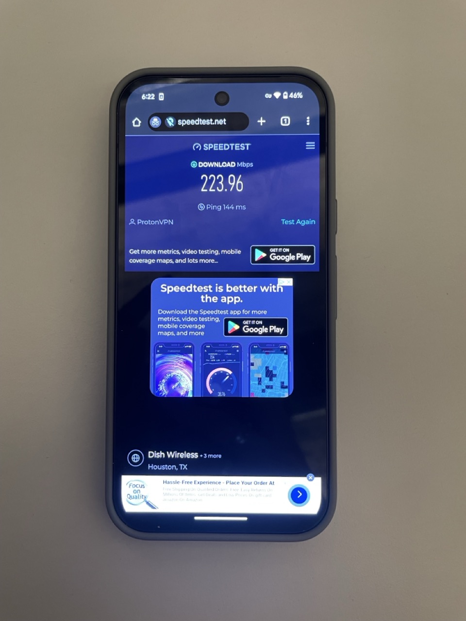 Proton VPN speed test on an Android