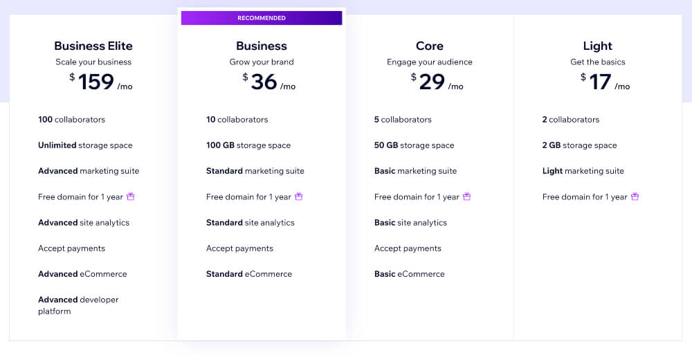 Wix wb pricing plans screenshot
