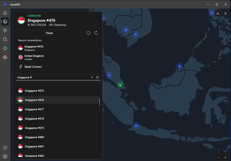NordVPN Singapore servers on the desktop app