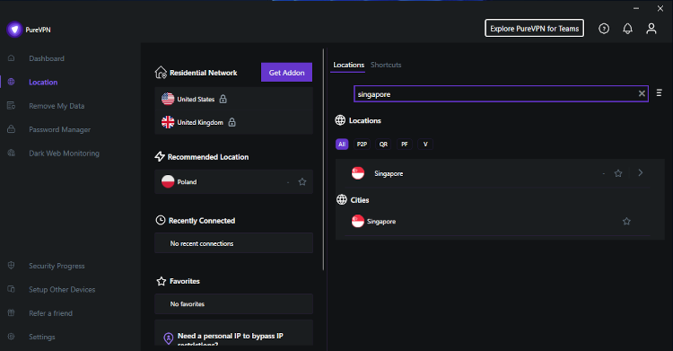 PureVPN Singapore servers on the desktop app