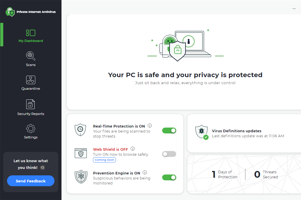 PIA antivirus dashboard