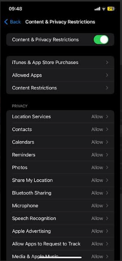 iPhone turn on content and privacy restrictions