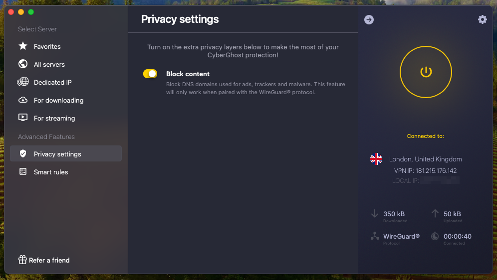 CyberGhost’s interface of privacy settings