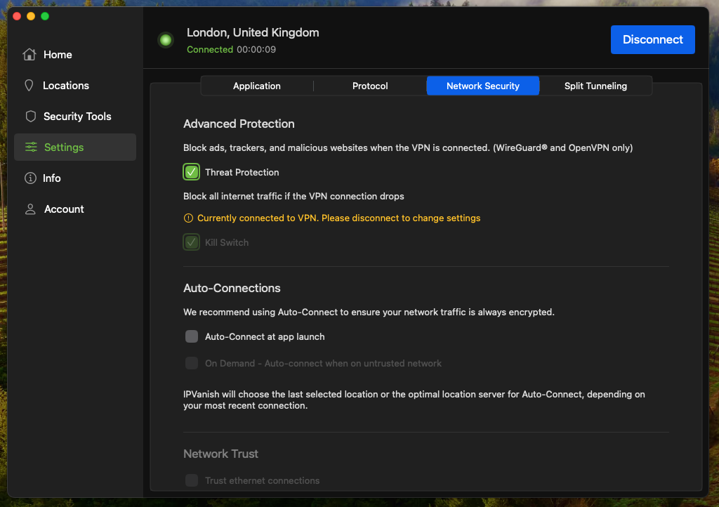 IPVanish’s detailed interface