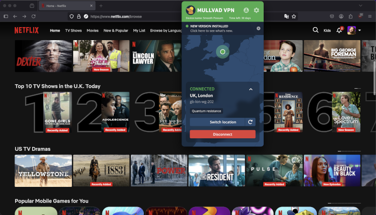 Testing Mullvad with Netflix on desktop