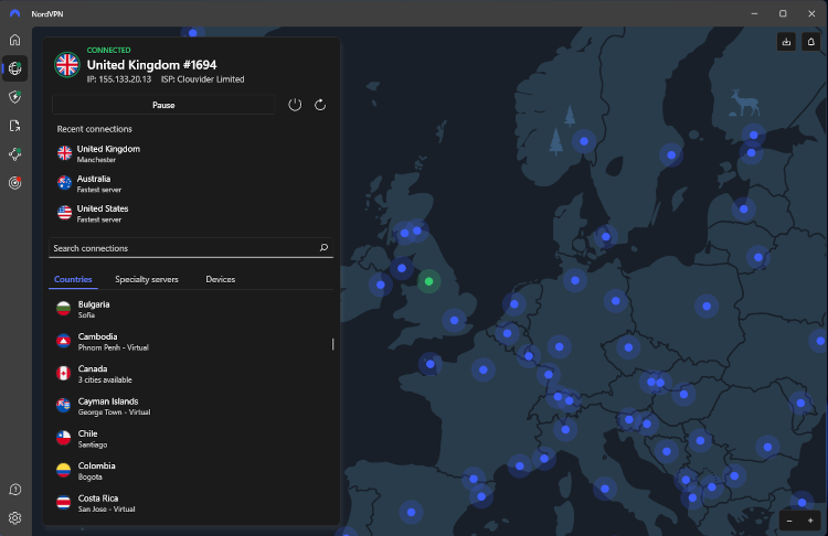 NordVPN desktop app on Windows, showing the server selection menu