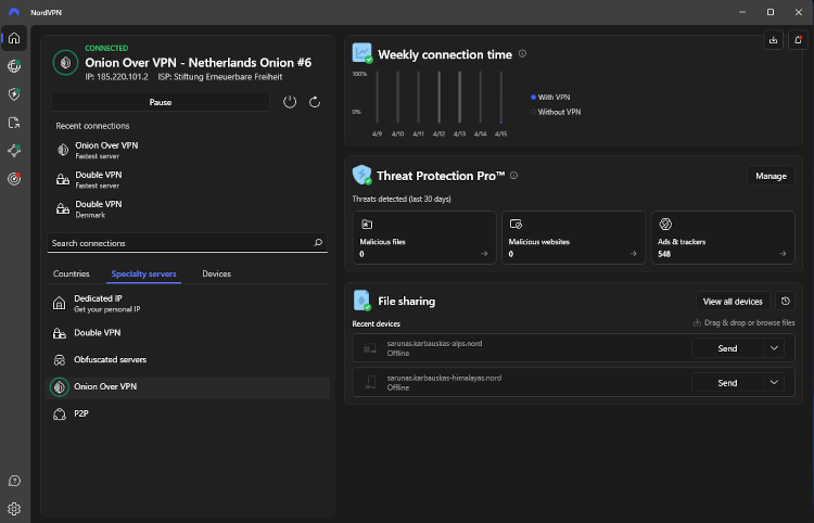 NordVPN Windows app showing a connection to the Onion over VPN servers