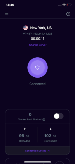 PureVPN home screen menu on the iOS app