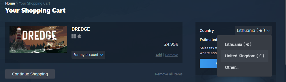 Steam 장바구니 국가 목록