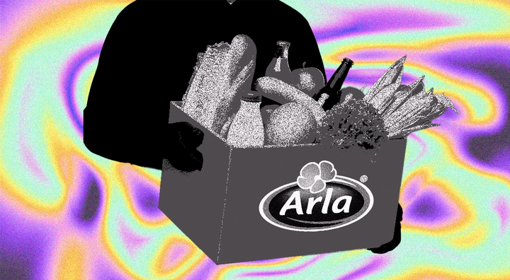 hacker in black, sptealing a black and white food box from Arla, colorful background