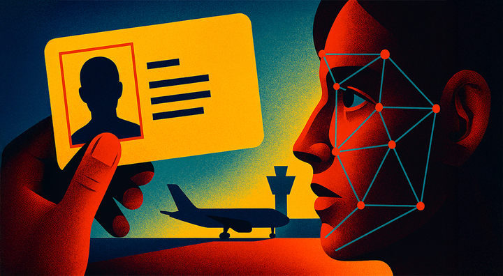 Real ID, orange card, scanning face, airport in the background