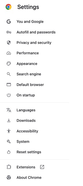 Advanced settings on Chrome
