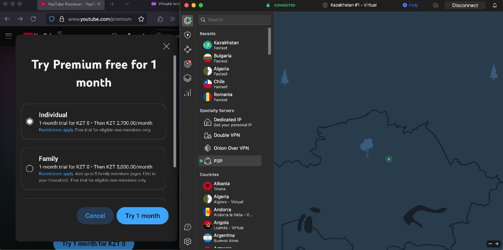 NordVPN in Kazakhstan showing YouTube Premium prices1