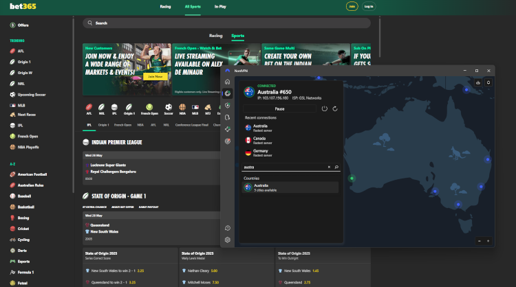 NordVPN unblocks bet365 with its Australian servers