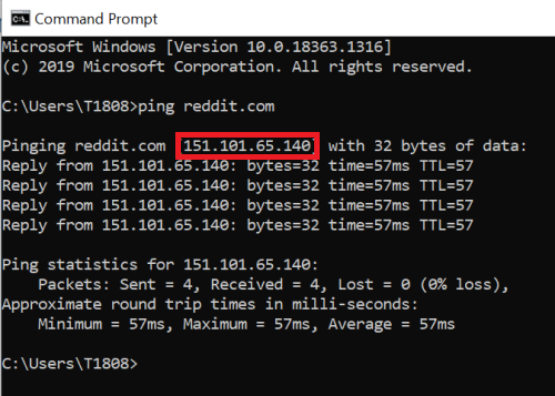 Pinging reddit IP in command prompt
