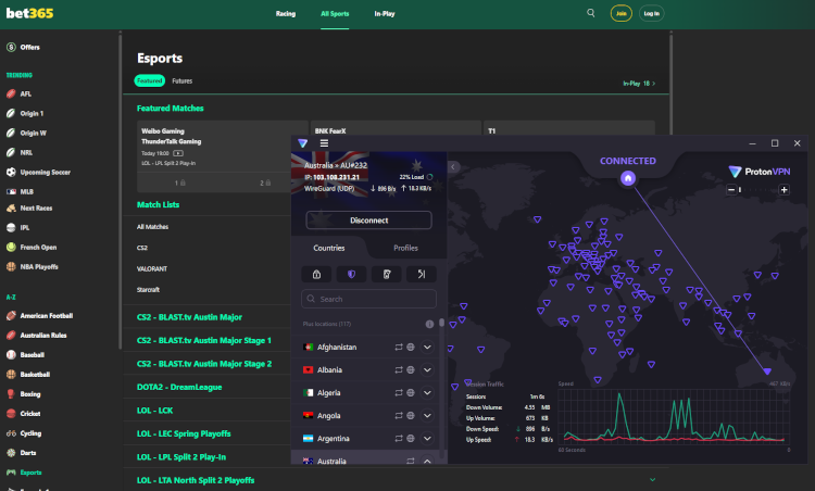Proton VPN unblocks bet365 with its Australian servers