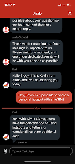 Airalo customer support chat