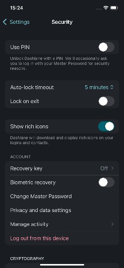 Dashlane security settings