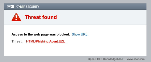 Phishing page blocked by ESET