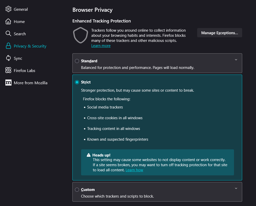 firefox tracking protection
