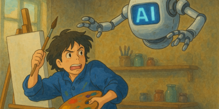 An artist threatened by AI in the style of Studio Ghibli.