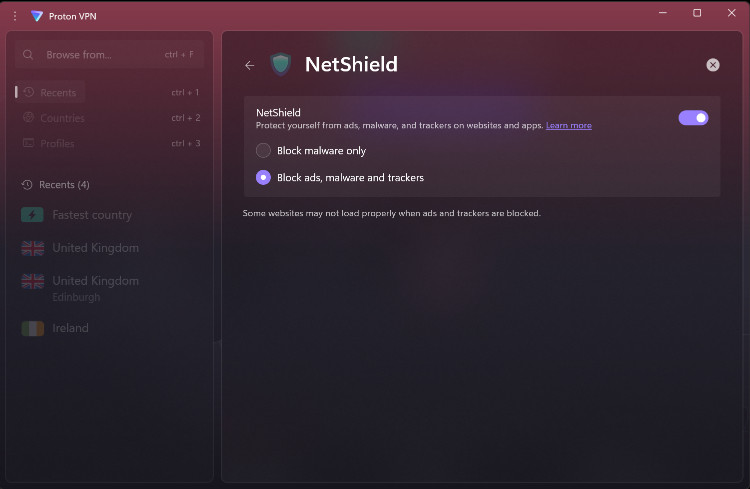 ProtonVPN’s Netshield feature on Windows 11