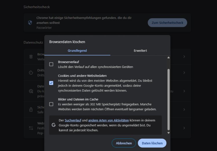Chrome Screenshot mit Cookie Einstellungen